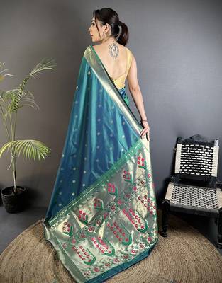 Women azure turquoise floral ikkat motifs lichi silk blend saree 3