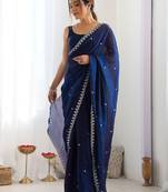 Women fandy silk nblue zari lace work saree
