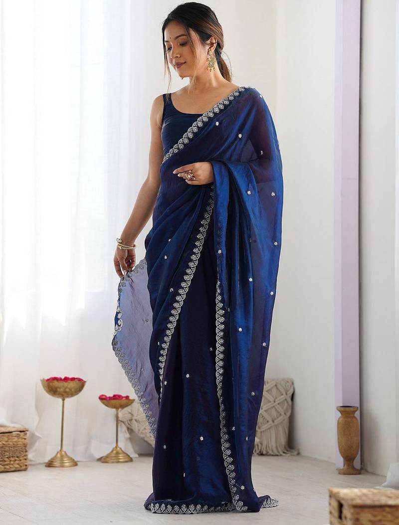 Women fandy silk nblue zari lace work saree