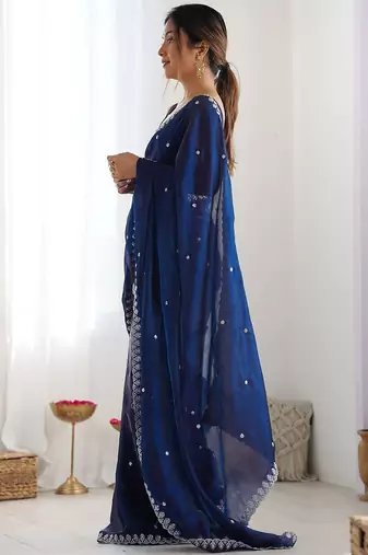 Women fandy silk nblue zari lace work saree