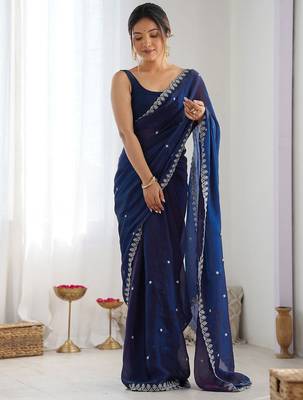 Women fandy silk blend nblue zari lace work saree 4