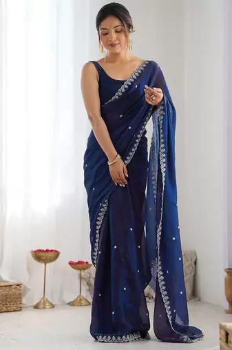Women fandy silk nblue zari lace work saree