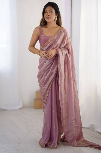 Women fandy silk pink zari lace work saree