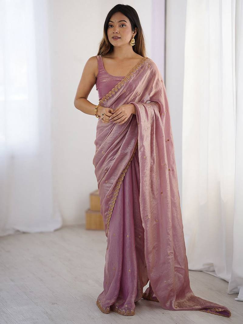 Women fandy silk pink zari lace work saree