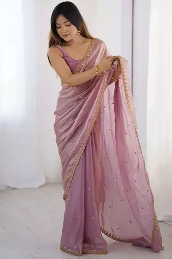 Women fandy silk pink zari lace work saree