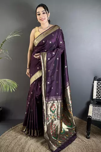 Women wine floral ikkat motifs lichi silk saree
