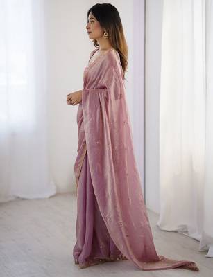 Women fandy silk blend pink zari lace work saree 5