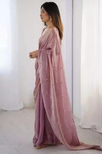 Women fandy silk pink zari lace work saree