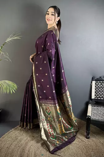 Women wine floral ikkat motifs lichi silk saree