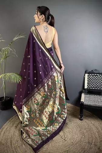 Women wine floral ikkat motifs lichi silk saree