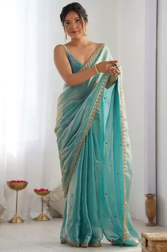 Women fandy silk turquios zari lace work saree