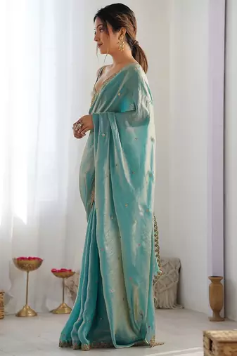 Women fandy silk turquios zari lace work saree
