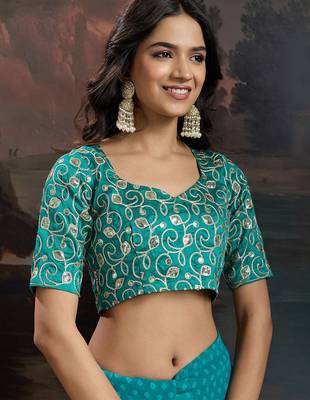 Women rangoli blue zari lace work saree 2