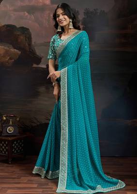 Women rangoli blue zari lace work saree 1