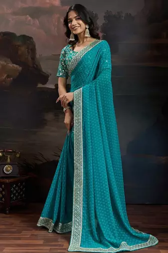 Women rangoli blue zari lace work saree