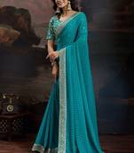 Women rangoli blue zari lace work saree