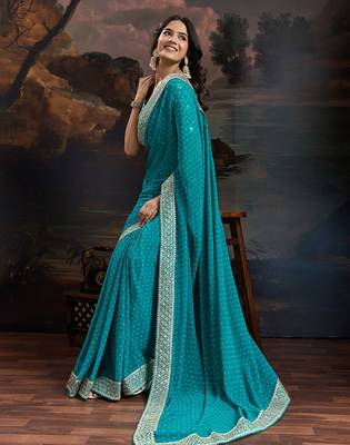 Women rangoli blue zari lace work saree 4