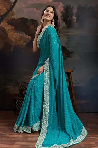 Women rangoli blue zari lace work saree