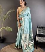 Women sky blue floral ikkat motifs lichi silk blend saree