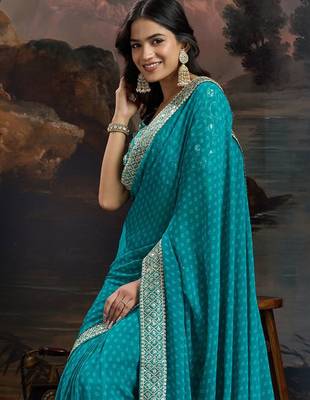 Women rangoli blue zari lace work saree 5