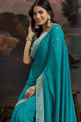 Women rangoli blue zari lace work saree