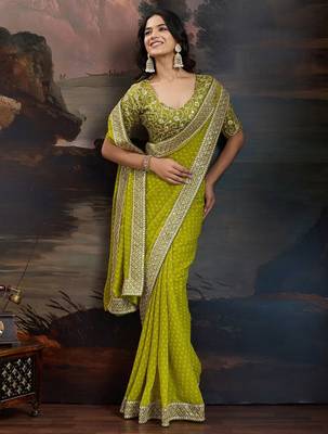Women rangoli mehendi zari lace work saree 4