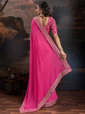 Women rangoli pink zari lace work saree 2