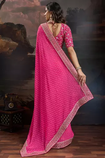 Women rangoli pink zari lace work saree