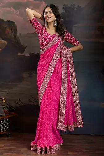 Women rangoli pink zari lace work saree