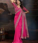 Women rangoli pink zari lace work saree