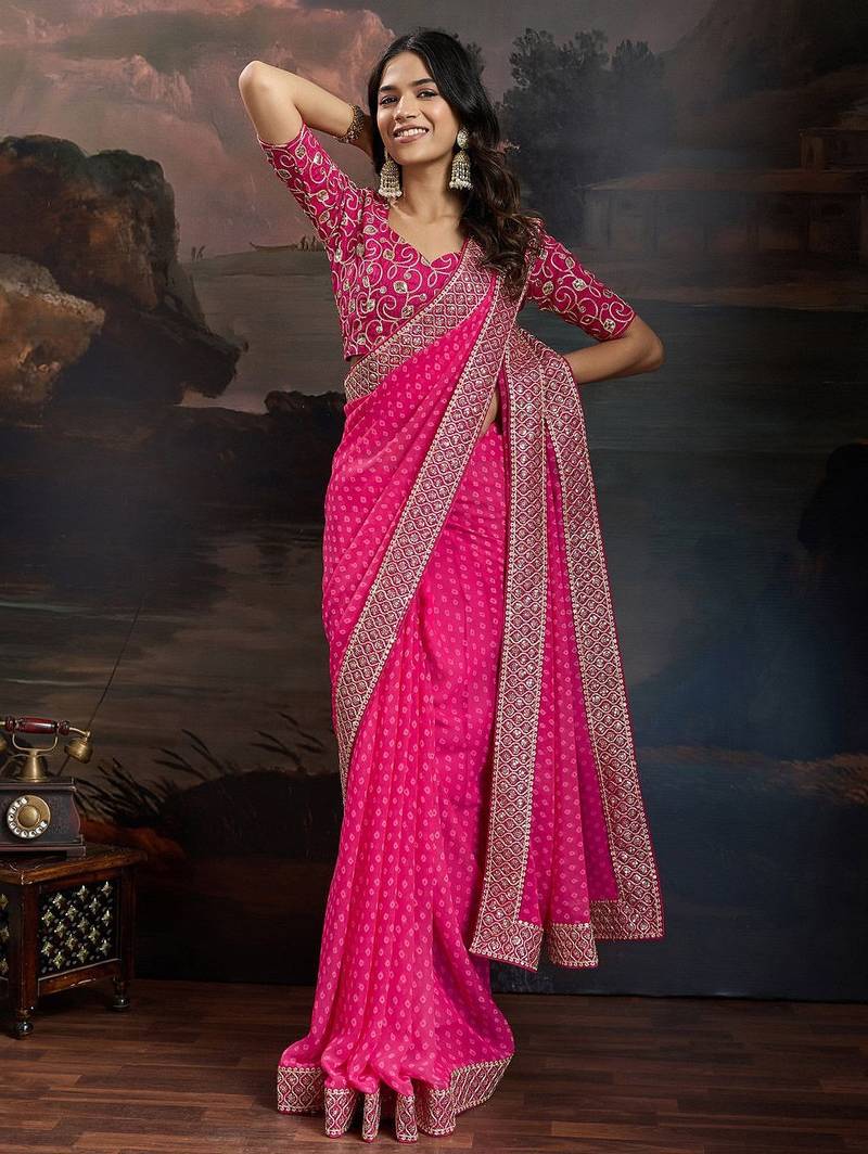 Women rangoli pink zari lace work saree