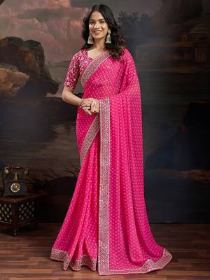 Women rangoli pink zari lace work saree 5
