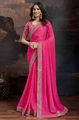 Women rangoli pink zari lace work saree