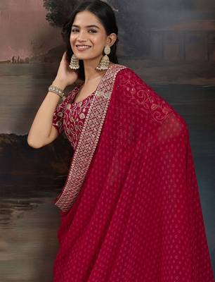 Women rangoli red zari lace work saree 2