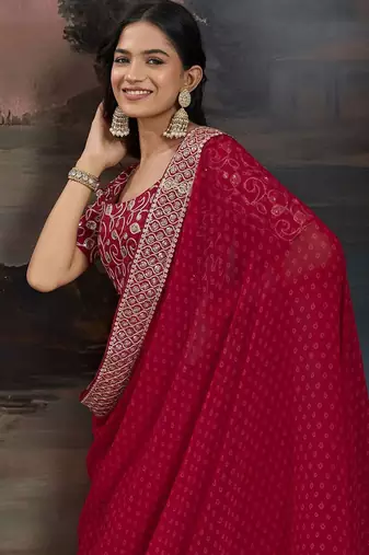 Women rangoli red zari lace work saree