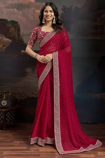Women rangoli red zari lace work saree