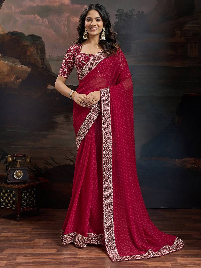 Women rangoli red zari lace work saree