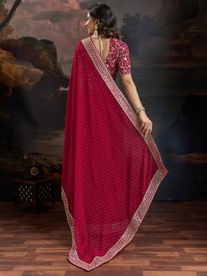 Women rangoli red zari lace work saree 3