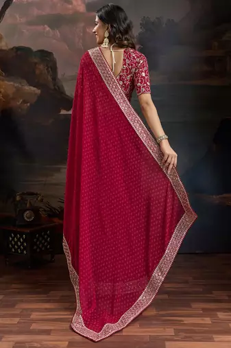 Women rangoli red zari lace work saree