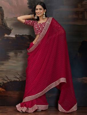 Women rangoli red zari lace work saree 4