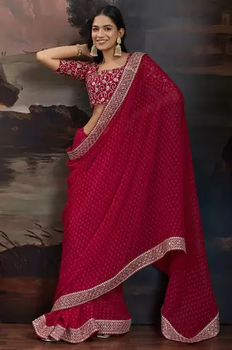 Women rangoli red zari lace work saree
