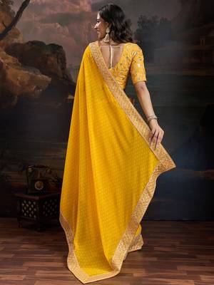 Women rangoli yellow zari lace work saree 2