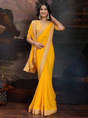 Women rangoli yellow zari lace work saree 3