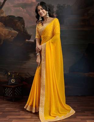 Women rangoli yellow zari lace work saree 5