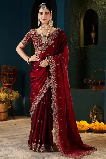 Women fandy satin red zari lace work saree