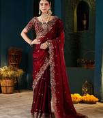 Women fandy satin red zari lace work saree