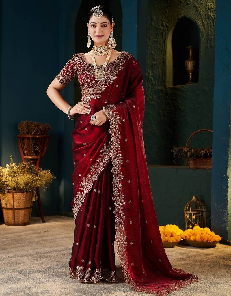 Women fandy satin red zari lace work saree
