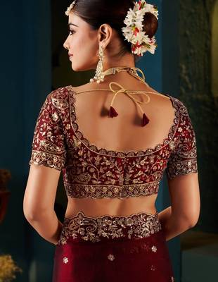 Women fandy satin red zari lace work saree 2