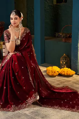Women fandy satin red zari lace work saree