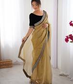Women net chikoo zari lace work saree